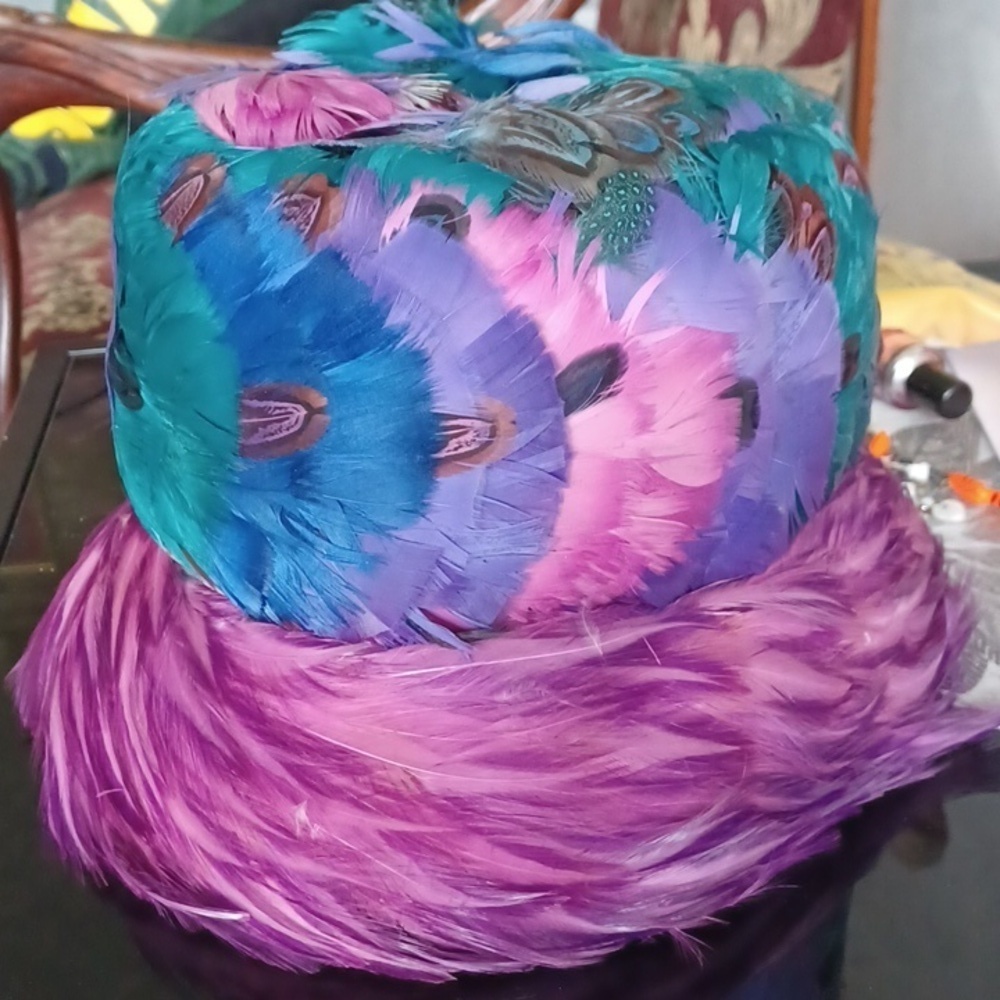 H.C. Prange Co. Feather Hat, purple,  aqua, blue, union made